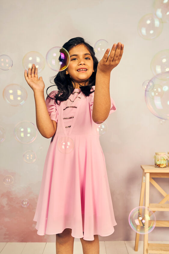 Pink Solid Flared Dress, Pink, image 1
